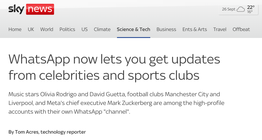 WhatsApp now lets you get updates from celebrities and sports clubs, Sky News