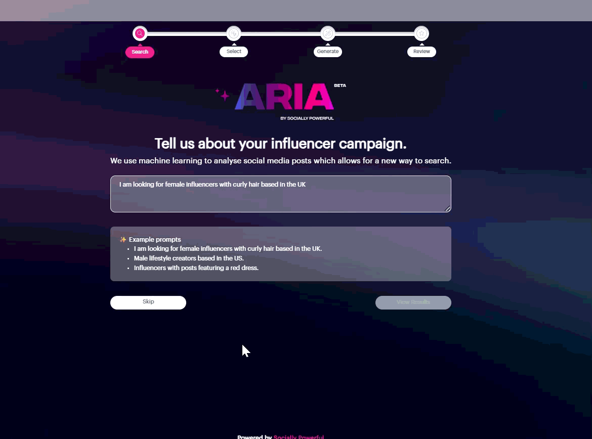  ARIA turns a plain-language creator description into a style-matched shortlist, reducing the time spent manually searching through hashtags.