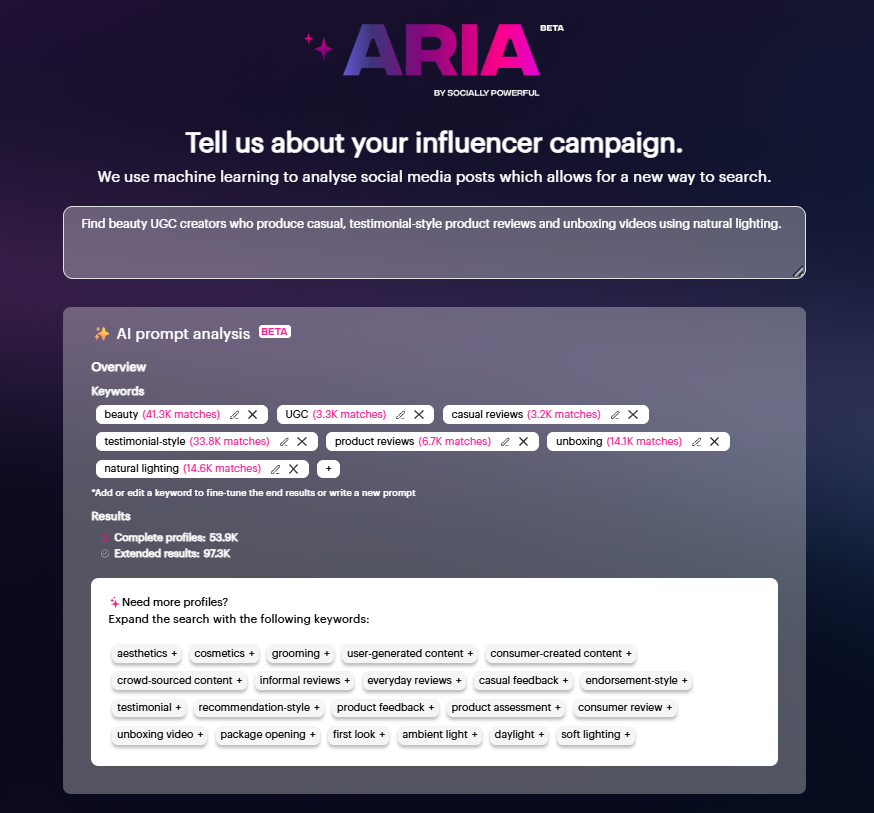 ARIA search result for a specific content creator profile using AI
