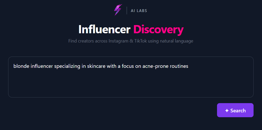 Aria influencer discovery tool search bar